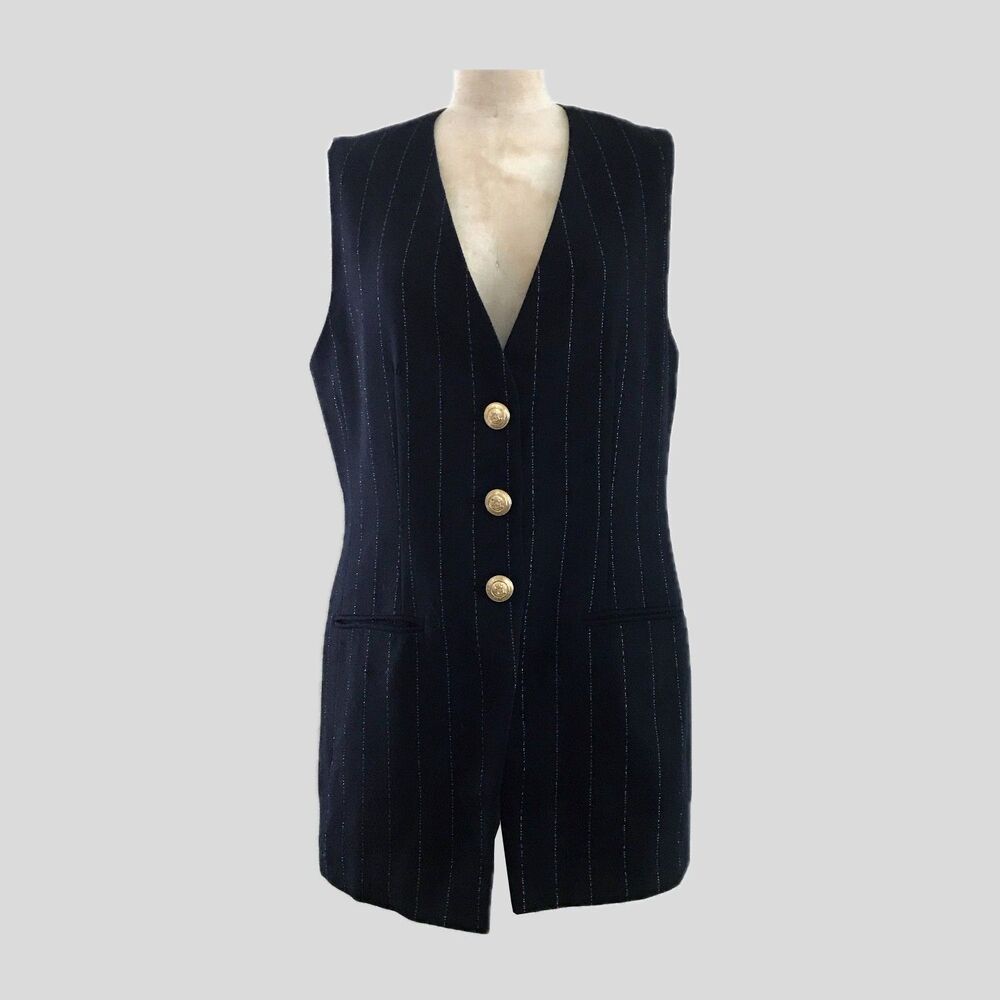 Vintage 90s Liz Claiborne Navy Blue Gold Pinstripe Wool Tailored Vest Top S
